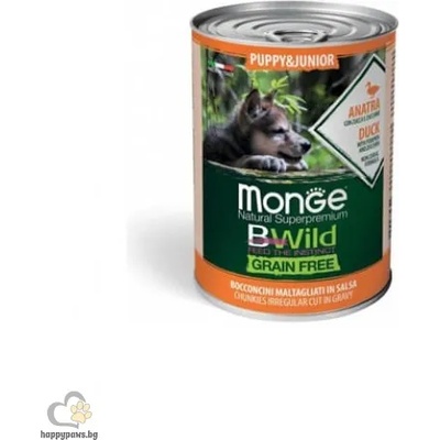 Gemon Monge Dog Bwild Grain Free Puppy - Пълноценна и балансирана мокра храна за подрастващи кученца, без зърно, с патешко месо, тиква и зеленчуци, 400 гр