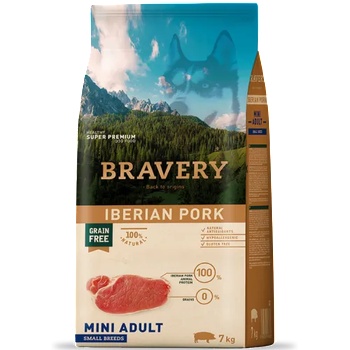 Bravery iberian pork adult dog mini, натурална, хипоалергенна храна, БЕЗ ЗЪРНО за пораснали кучета от дребни и мини породи над 1 година, с иберийско свинско месо, Испания - 7 кг