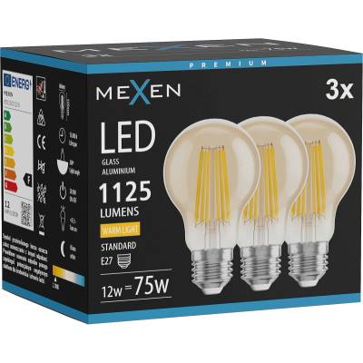 Mexen Vintis 3x LED филамент крушка E27, A60, 12W, Топъл - 2700K, 1125 lm, кехлибар (L150-E27-1227-50x03)