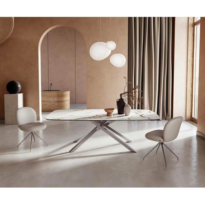 DELIFE Jídelní stůl Edge oválný 240 x 120 keramika Calacatta Luxe bílo-zlato-šedá křížová podnož hranatá z nerezové oceli