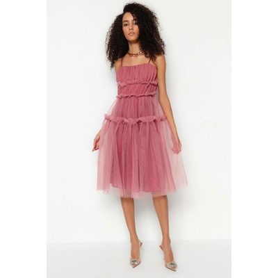 Trendyol Dusty Rose Pas Opening/Skater Lined Tyl Elegantní večerní šaty šedá růžová 8683048612293