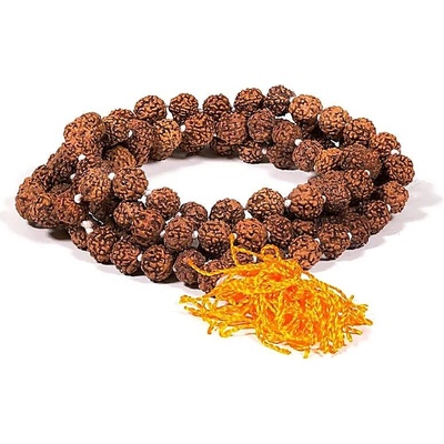 Mala náhrdelník Rudraksha s oranžovým střapcem