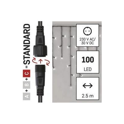 Emos 100 LED Standard cencúle 2,5 m vonkajšie studená biela časovač D1CC01
