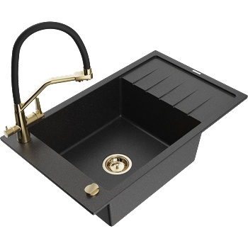 Mexen Elias гранитна мивка с 1 камера, с отцедник и кухненски смесител Duo, черен/сребърен металик - 6511-73-671701-57-G (6511-73-671701-57-G)