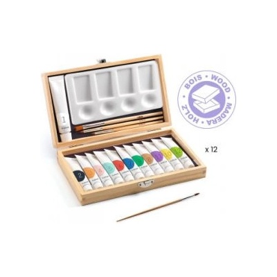 DJECO Дървена кутия с 12 цвята гваш боя в туби за рисуване - Djeco (DJ08908)