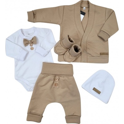 Kazum Bavlnená sada body nohavice motýlik a čiapka Elegant Boy 5D mocca/biela