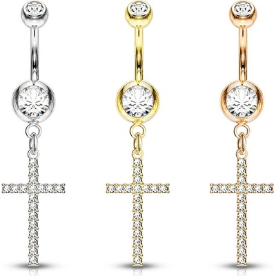 Šperky eshop piercing do bříška kulatý krystal čiré barvy s přívěskem, křížek vykládaný krystalky Q11.2 Měděná