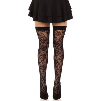 Image 1 of Leg Avenue Wild Rose Net Thigh Highs 6216 Black