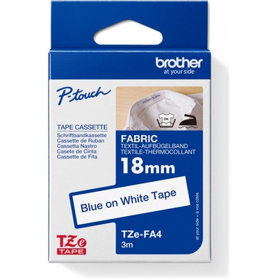páska BROTHER TZeFA4 modré písmo, biela nažehľovacia páska FABRIC Tape (18mm) (TZEFA4)