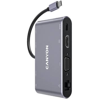 CANYON Докинг станция Canyon 8 in 1 USB C hub, HDMI: 4Kx30Hz, VGA, Type-C, 3бр. USB3.0, Glgabit LAN, 3.5mm audio jack, кабел 15cm, тъмно сив - CNS-TDS14 (CNS-TDS14)