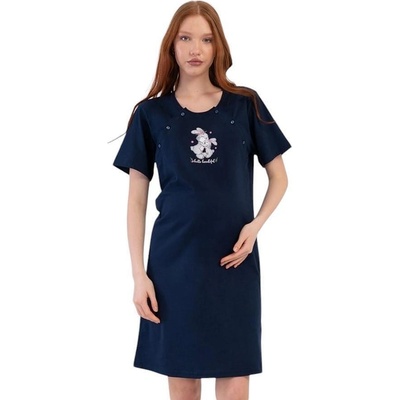 Тъмносиня нощница за кърмене с апликация зайчета