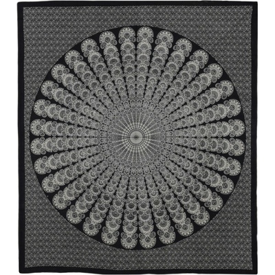 Sanu Babu Přehoz na postel, černo-bílý, paví Mandala, 206x230cm