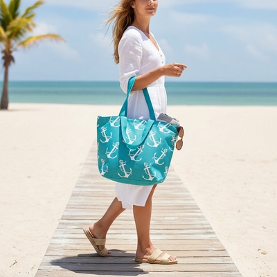 Плажна чанта в цвят ментов тюркоаз с котви