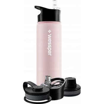 Wessper Láhev na pití z nerezové oceli nepropustná termoska Bpa Free se 3 víčky Růžová 700 ml