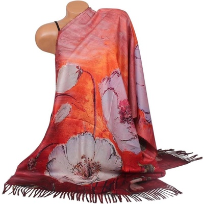 Кашмирен двулицев шал в червено и оранжево с цветя