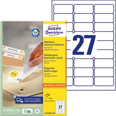AVERY Етикет AVERY L4737REV-100 63, 5x29, 6 mm универсален прибиращ се 2700 етикета в кутия 100 листа в кутия (L4737REV-100)