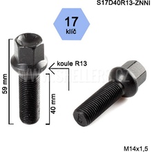 Kolový šroub M14x1,5x40 koule R13, klíč 17, S17D40R13-ZNNI, černý, výška 59