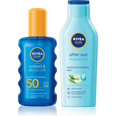 Nivea Sun Protect & Dry Touch neviditeľný sprej na opaľovanie SPF 50 200 ml + Nivea Sun After Sun hydratačné mlieko po opaľovaní s aloe vera 400 ml