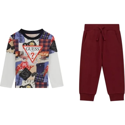 Guess Комплект с многоцветна блуза с червено лого и вишнев спортен панталон за мини момче Guess