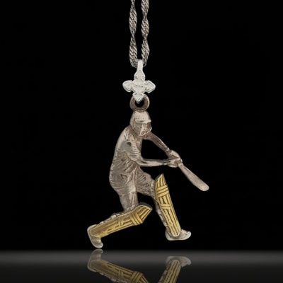 Крикет - Мъжки спортен медальон с частично позлатено покритие - Сребро 925 - Ръчно изработено спортно бижу/талисман - Идеален подарък за спортист - ssj