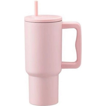 Maku Kitchen Life 900 мл розова двустенна термочаша с дръжка и сламка maku