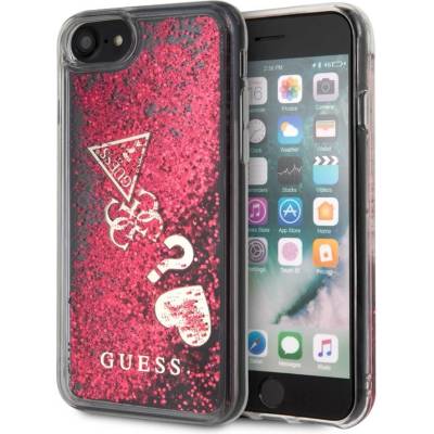 GUESS Liquid Glitter Hearts Case - дизайнерски кейс с висока защита за iPhone SE (2020), iPhone 8, iPhone 7 (червен)