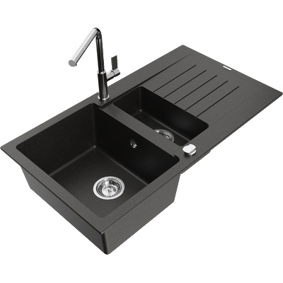 Mexen Matias гранитна мивка с 1, 5 камери с отцедник и кухненски смесител Flora, (6502-75-670401-00)