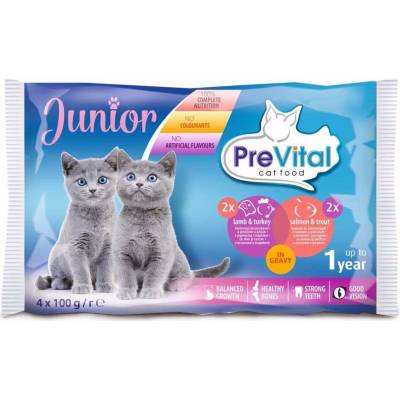PreVital Cat Junior jehněčí krůtí losos pstruh v omáčce 4 x 100 g