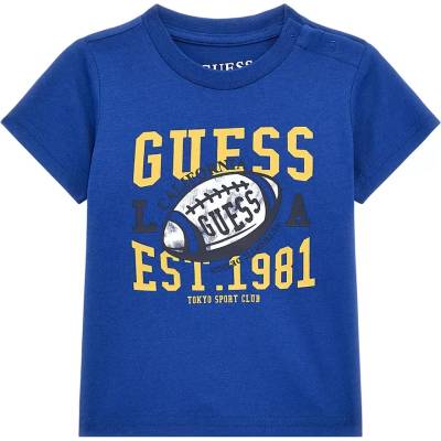 GUESS Синя тениска с къс ръкав с цветни детайли отпред за бебе момче Guess