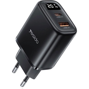 YESIDO Захранване за ел. мрежа с USB-A и USB-C изходи и технология за бързо зареждане - Yesido YC68 Digital Display Dual Fast Wall Charger 20W (черен) (YC68 (KF2354523))