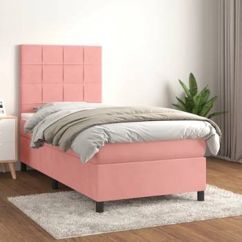 vidaXL Боксспринг легло с матрак, розово, 100x200 см, кадифе (3143012)