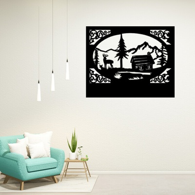 Obraz - chalúpka s jeleňom Veľkosť rámu: 48x39cm