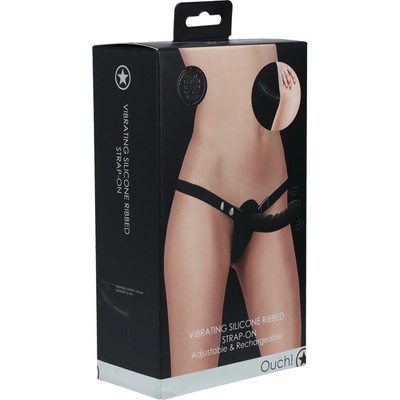 Ouch! Vibrating Rechargeable 10 Speed Silicone Ribbed Strap-On Adjustable Black