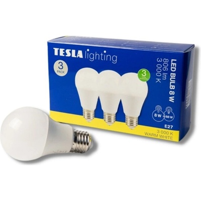 Tesla LED žiarovka BULB E27, 8 W, 230 V, 806 lm, 25 000 h, 3 000 K teplá biela, 220st 3ks