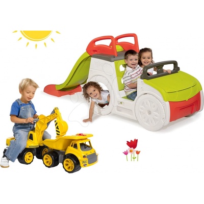 Set detská preliezačka Adventure Car Smoby so šmykľavkou dlhou 150 cm, bager a nákladné auto Maxi Power