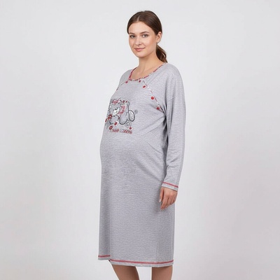 Макси нощница за бременни с дълъг ръкав в сиво и червен кант