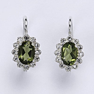 Čištín Zlaté náušnice Kate, přírodní vltavín 7x5, čiré zirkony, bílé i žluté zlato - VE 247