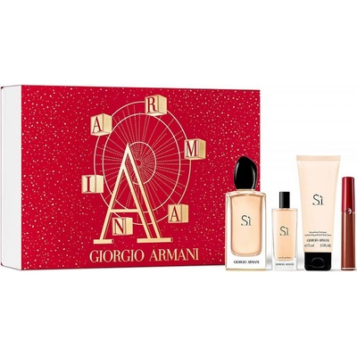 Giorgio Armani Sì EDP 100 ml + EDP 15 ml + tělové mléko 75 ml + rtěnka Liquid Lipcolor 6,5 ml 209 Lip Maestro dárková sada