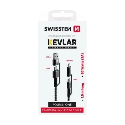 Swissten 74501101 KEVLAR datový 4v1 USB-C (M) - USB-A (M) - Lightning, (M), 1.5m, černý
