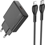 hoco. N37 зарядно устройство Type-C с гнездо 30 W, тънко + кабел Lightning, ЧЕРНО N37 ЧЕРНО (N37 BLACK)