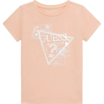 Image 1 of GUESS Тениска в прасковен цвят със сребрист надпис и лого Guess за мини момиче