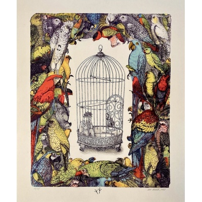 Ivan Kováčik, Papagáje 69x60 cm Zarámované pod sklom