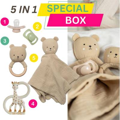 5в1Специална кутия - Утешителче, дрънкалка, 2бр. залъгалки и Жирафчето Софи гризалка (jb-s1024+s200319)