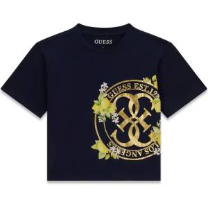 GUESS Тъмно синя тениска за момиче с голямо котрастно лого Guess и лимони