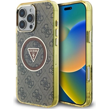 GUESS IML Metal Glitter 4G Circle Triangle MagSafe Case за iPhone 16 Pro - кафяв