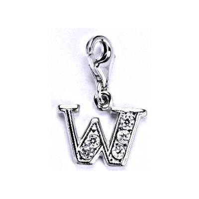 Čištín Stříbrný přívěšek na karabinku se zirkony písmenko W, P 1106