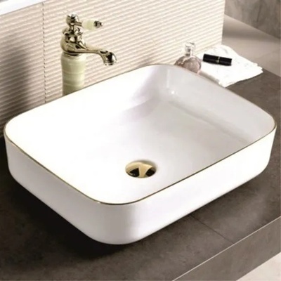 Inter Ceramic Мивка за баня ICB 874 GOLDEN EDGE, монтаж върху плот, порцелан, бял + златен, 50x40x13.5см (874 GOLDEN EDGE)