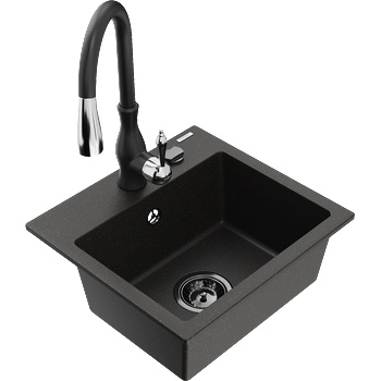 Mexen Milo гранитна мивка с 1 отделение и кухненски смесител Savita, черен/златен металик- 6505-75-672601-70-B (6505-75-672601-70-B)