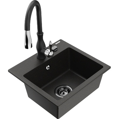 Mexen Milo гранитна мивка с 1 отделение и кухненски смесител Savita, черен/златен металик- 6505-75-672601-70-B (6505-75-672601-70-B)