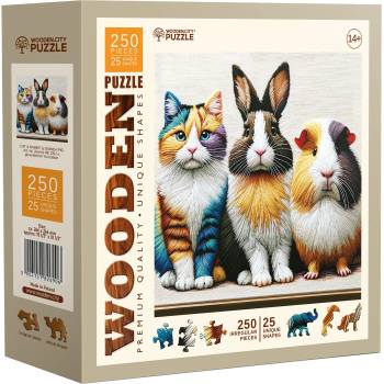 Wooden City Дървен пъзел Wooden City, 250 части - Коте, заек и морско свинче (HE 0311-L)